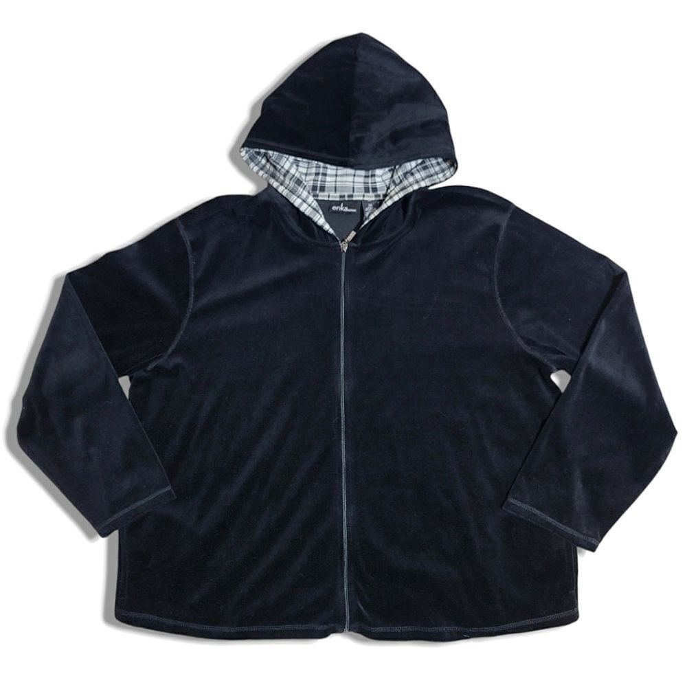 Erika Woman Black Velvety Soft Zip Plaid Hooded Jacket Plus Size NWT